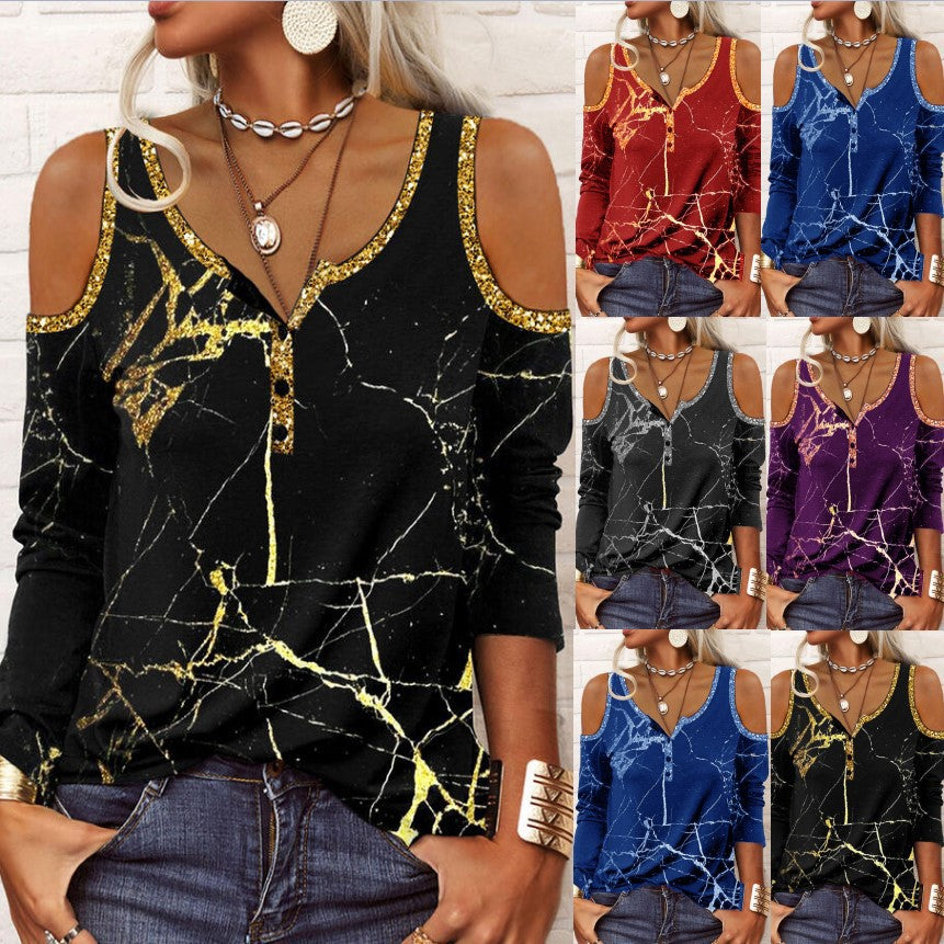 Women's Off-Shoulder Long Sleeve Marble Print Henley Top with Sequin Trim