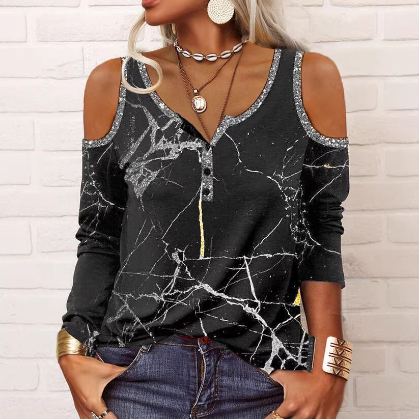Women's Off-Shoulder Long Sleeve Marble Print Henley Top with Sequin Trim