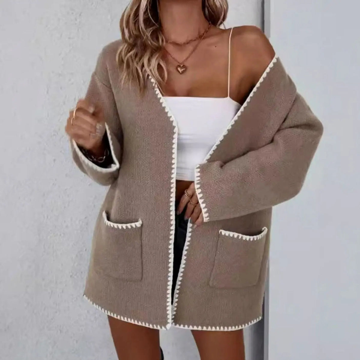 Women's Open-Front Long-Sleeve Knit Cardigan with Contrast Trim and Pockets