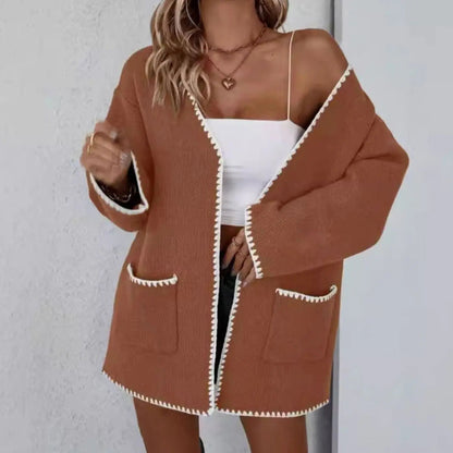 Women's Open-Front Long-Sleeve Knit Cardigan with Contrast Trim and Pockets