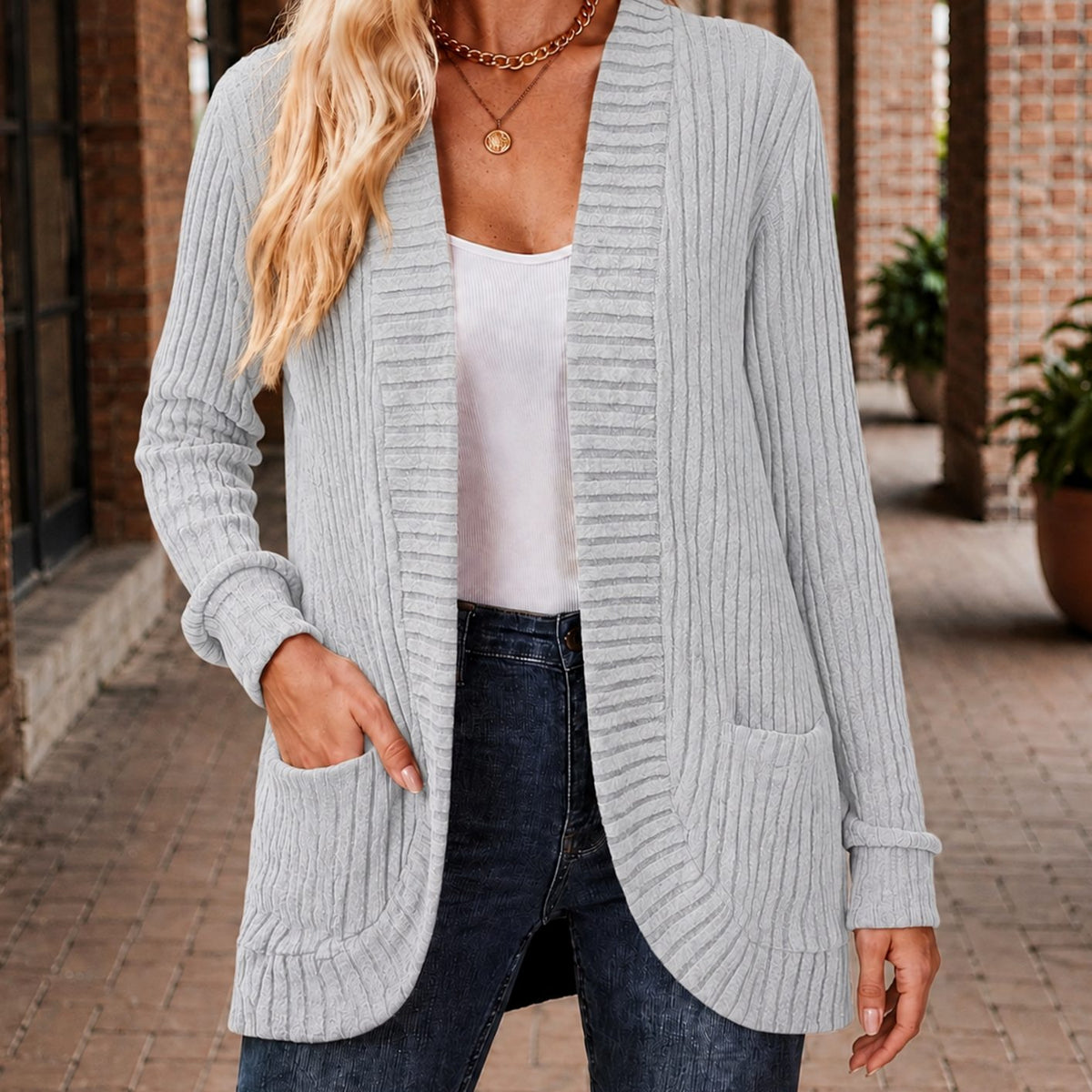 Women's Open-Front Ribbed Knit Cardigan with Patch Pockets