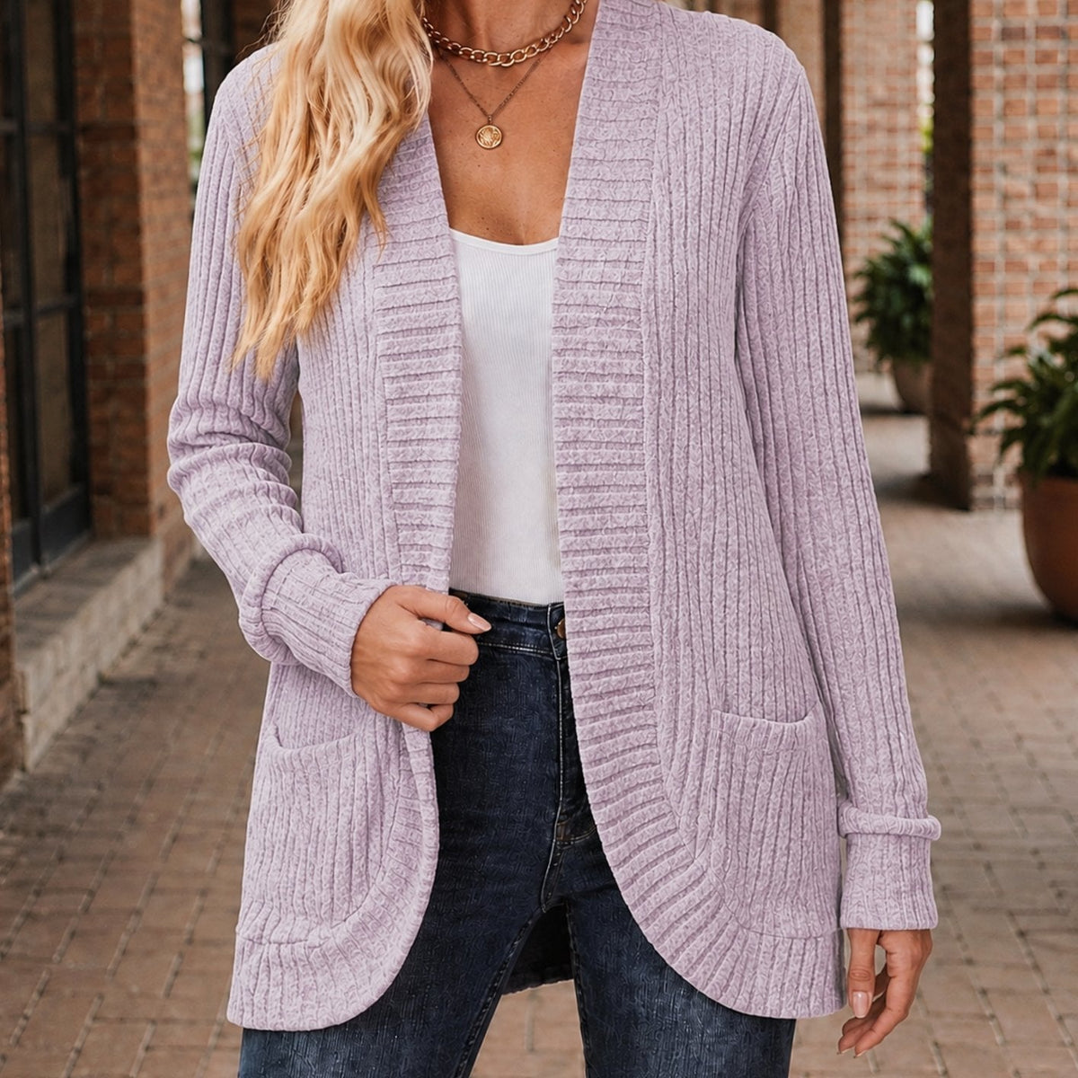 Women's Open-Front Ribbed Knit Cardigan with Patch Pockets