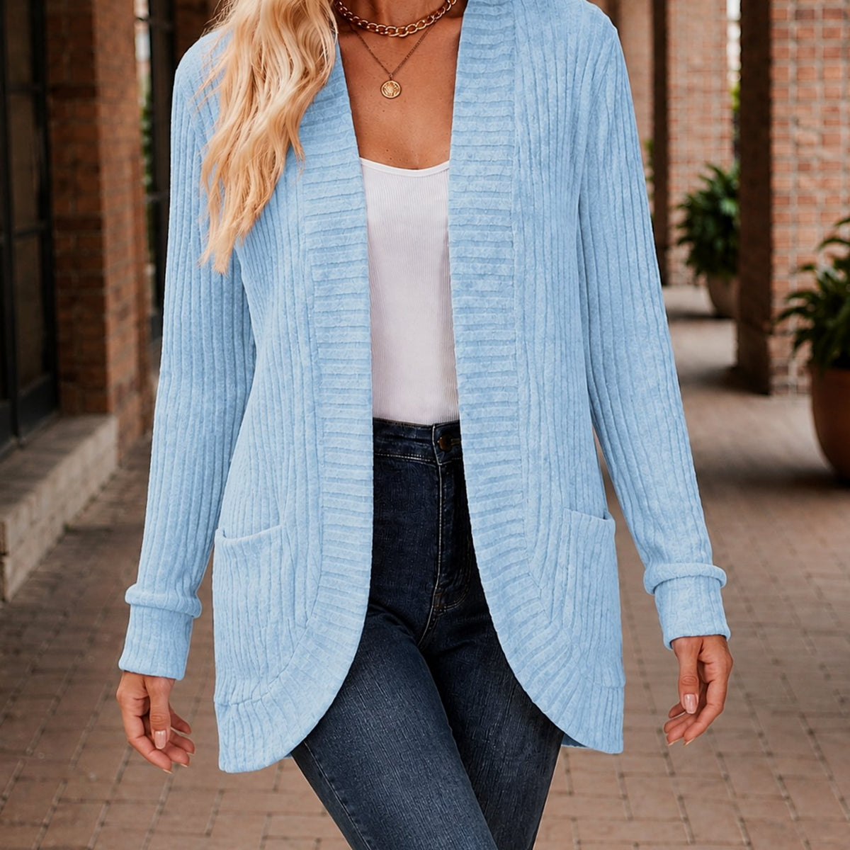 Women's Open-Front Ribbed Knit Cardigan with Patch Pockets