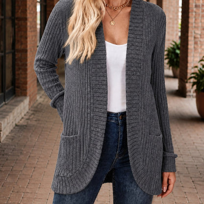 Women's Open-Front Ribbed Knit Cardigan with Patch Pockets