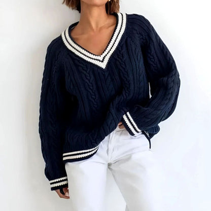 Women's Oversized Cable-Knit V-Neck Pullover Sweater