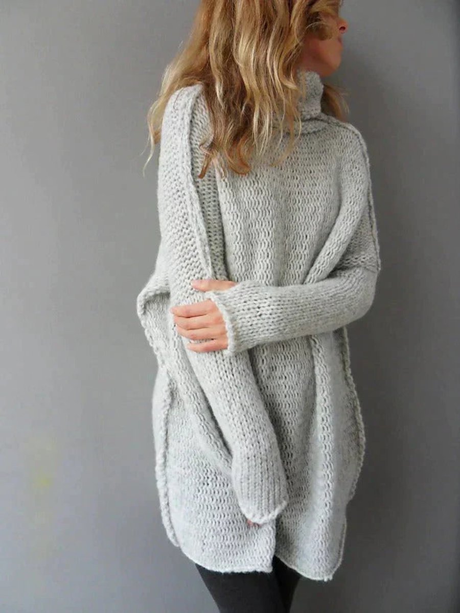 Women's Oversized Chunky Knit Turtleneck Sweater - Gray Long Fit