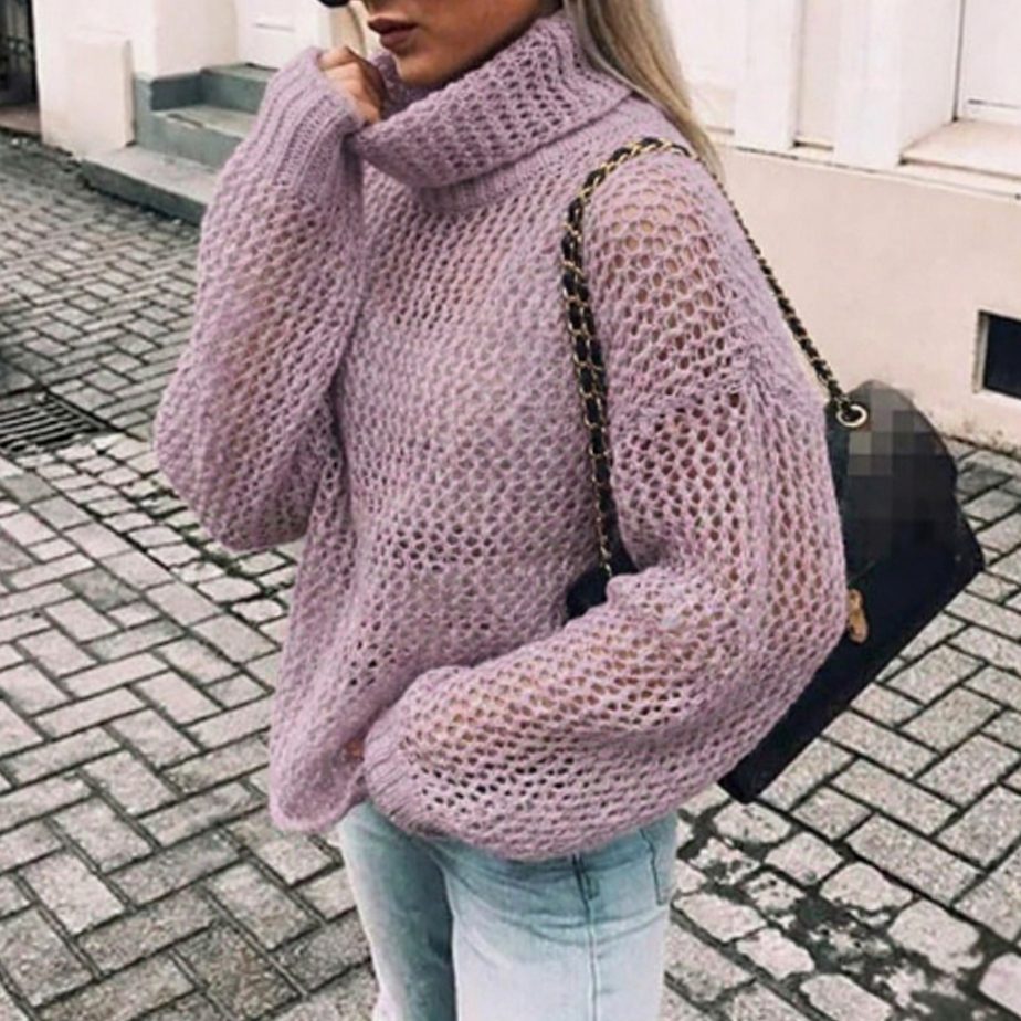 Women's Oversized Chunky Knit Turtleneck Sweater with Balloon Sleeves