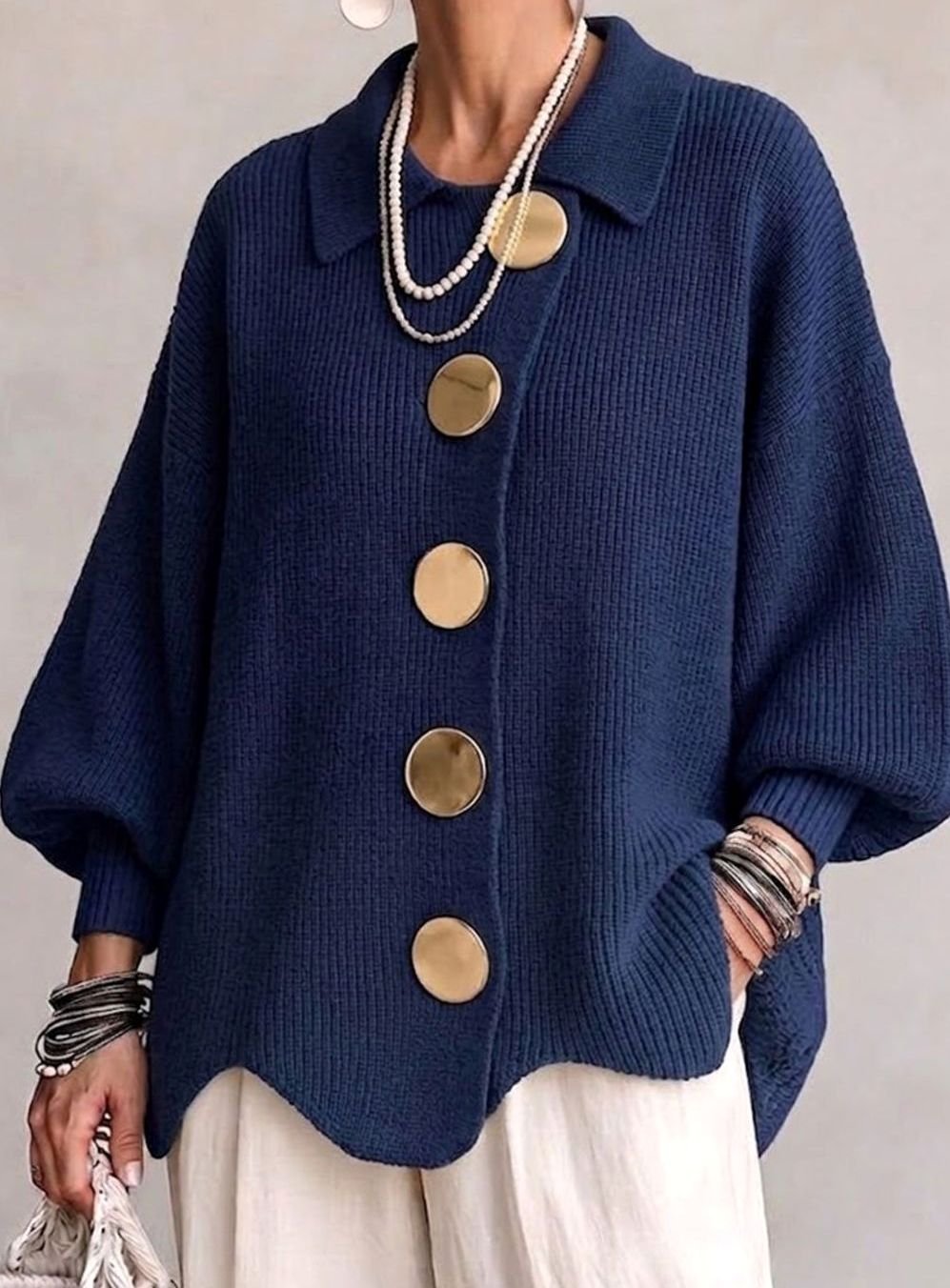 Women's Oversized Knit Cardigan with Gold Buttons and Lantern Sleeves