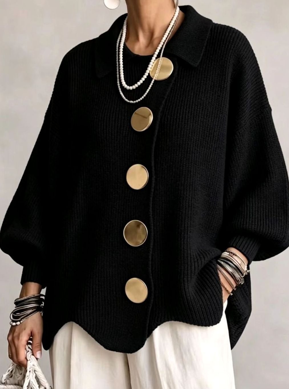Women's Oversized Knit Cardigan with Gold Buttons and Lantern Sleeves