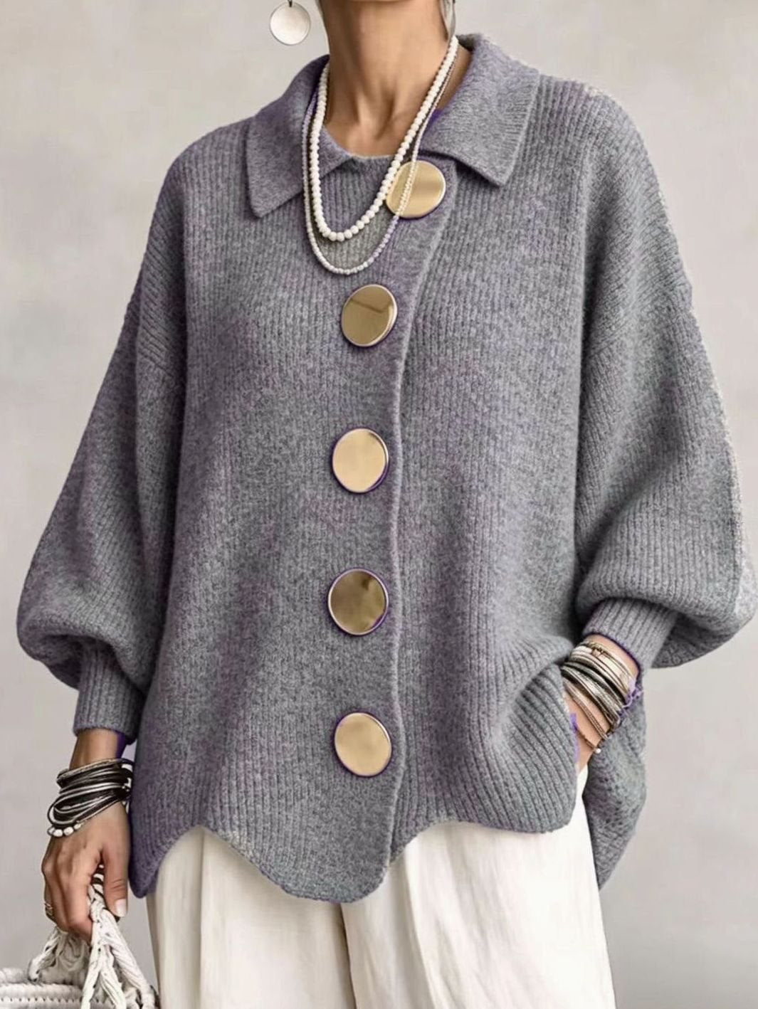 Women's Oversized Knit Cardigan with Gold Buttons and Lantern Sleeves