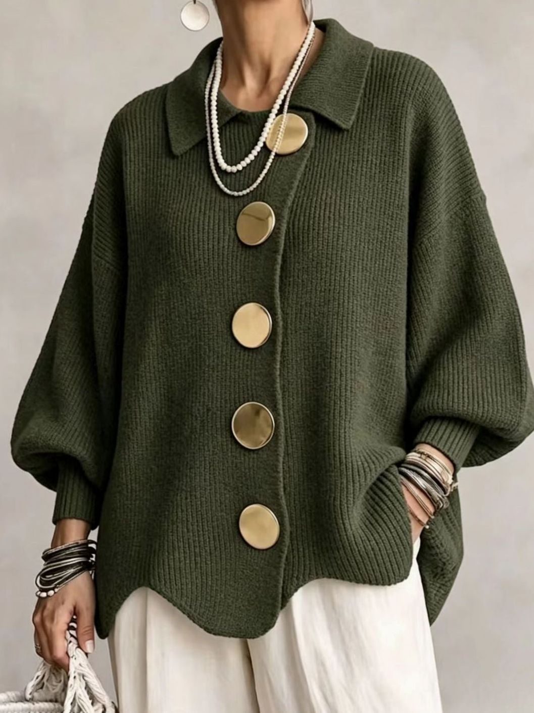 Women's Oversized Knit Cardigan with Gold Buttons and Lantern Sleeves