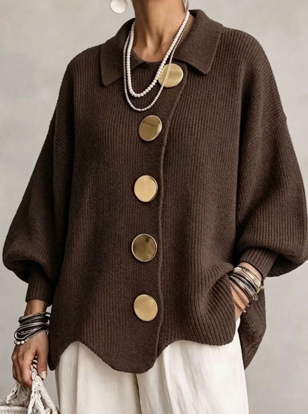 Women's Oversized Knit Cardigan with Gold Buttons and Lantern Sleeves