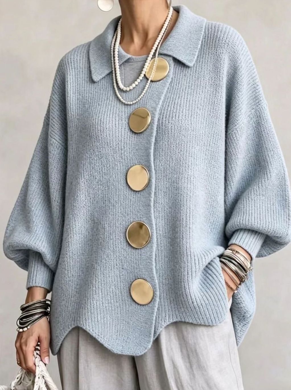 Women's Oversized Knit Cardigan with Gold Buttons and Lantern Sleeves
