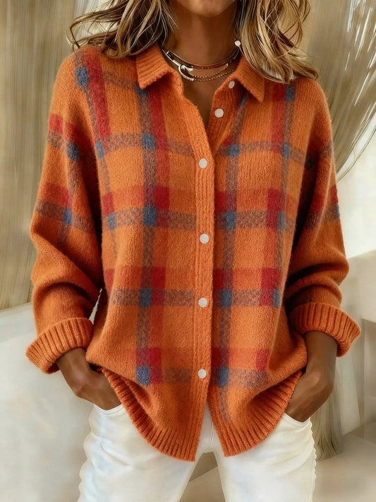 Women's Oversized Plaid Knit Button-Up Cardigan Jacket