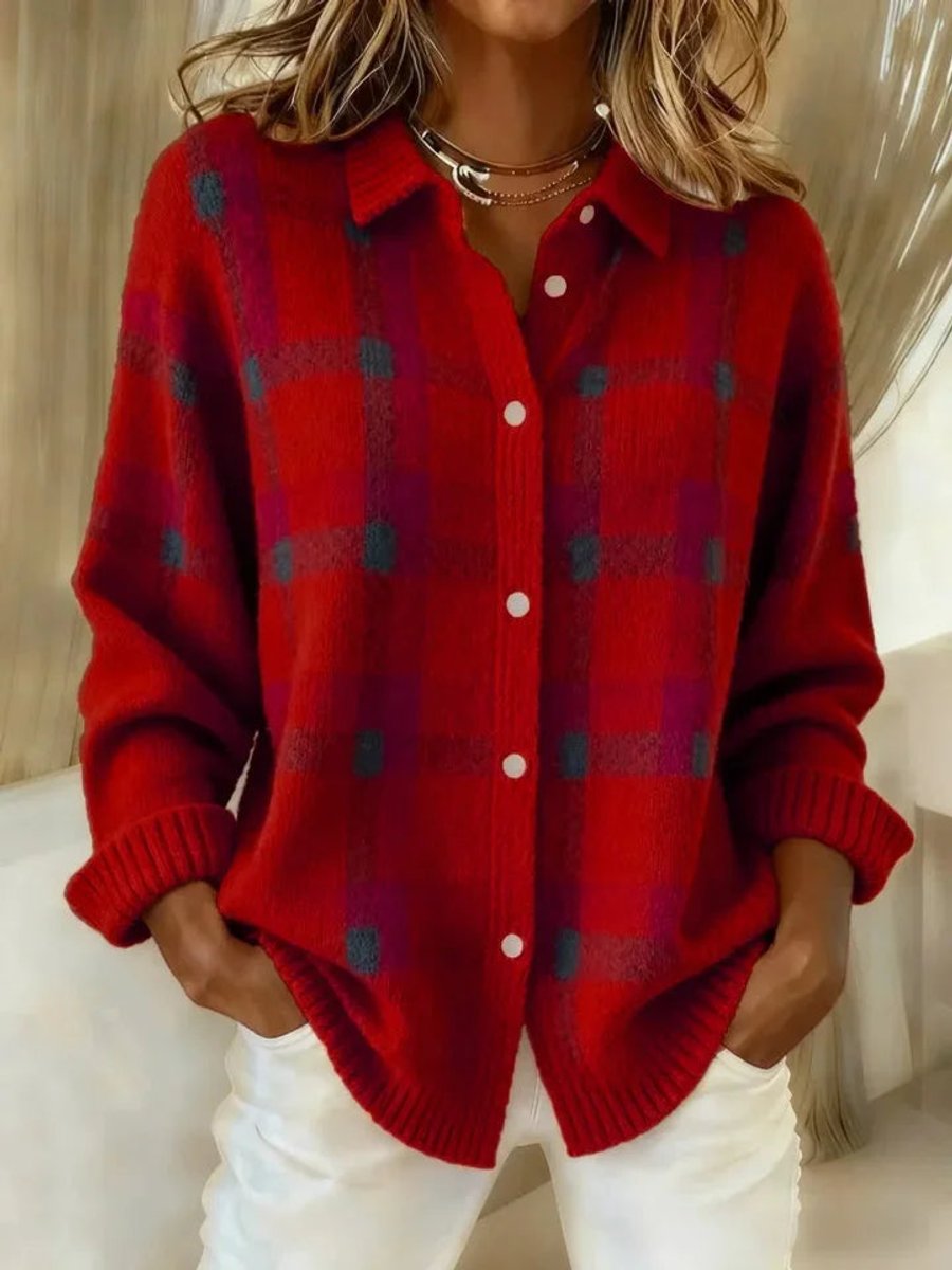 Women's Oversized Plaid Knit Button-Up Cardigan Jacket