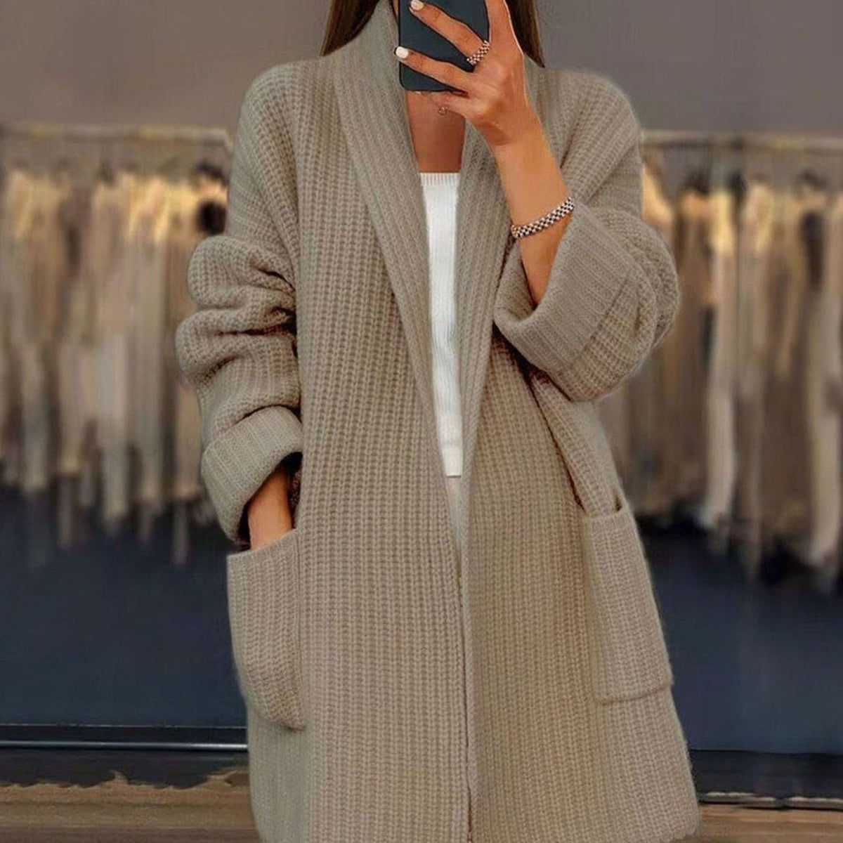 Women's Oversized Relaxed-Fit Long Knit Cardigan with Pockets