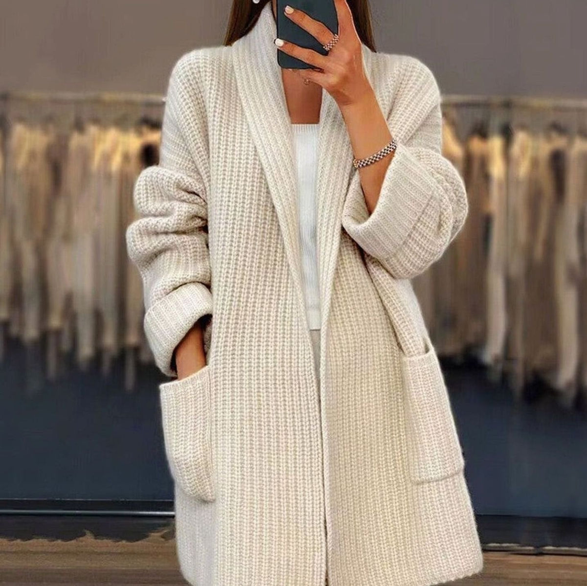 Women's Oversized Relaxed-Fit Long Knit Cardigan with Pockets