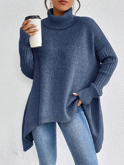 Women's Oversized Ribbed Turtleneck Sweater – Long Knit Design in Ocean Blue, Stone Grey, Espresso Brown, Pine Green, Desert Khaki