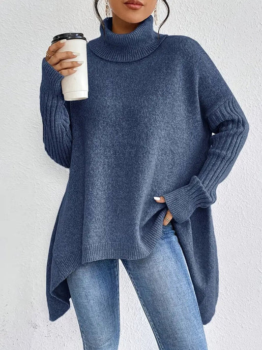 Women's Oversized Ribbed Turtleneck Sweater – Long Knit Design in Ocean Blue, Stone Grey, Espresso Brown, Pine Green, Desert Khaki