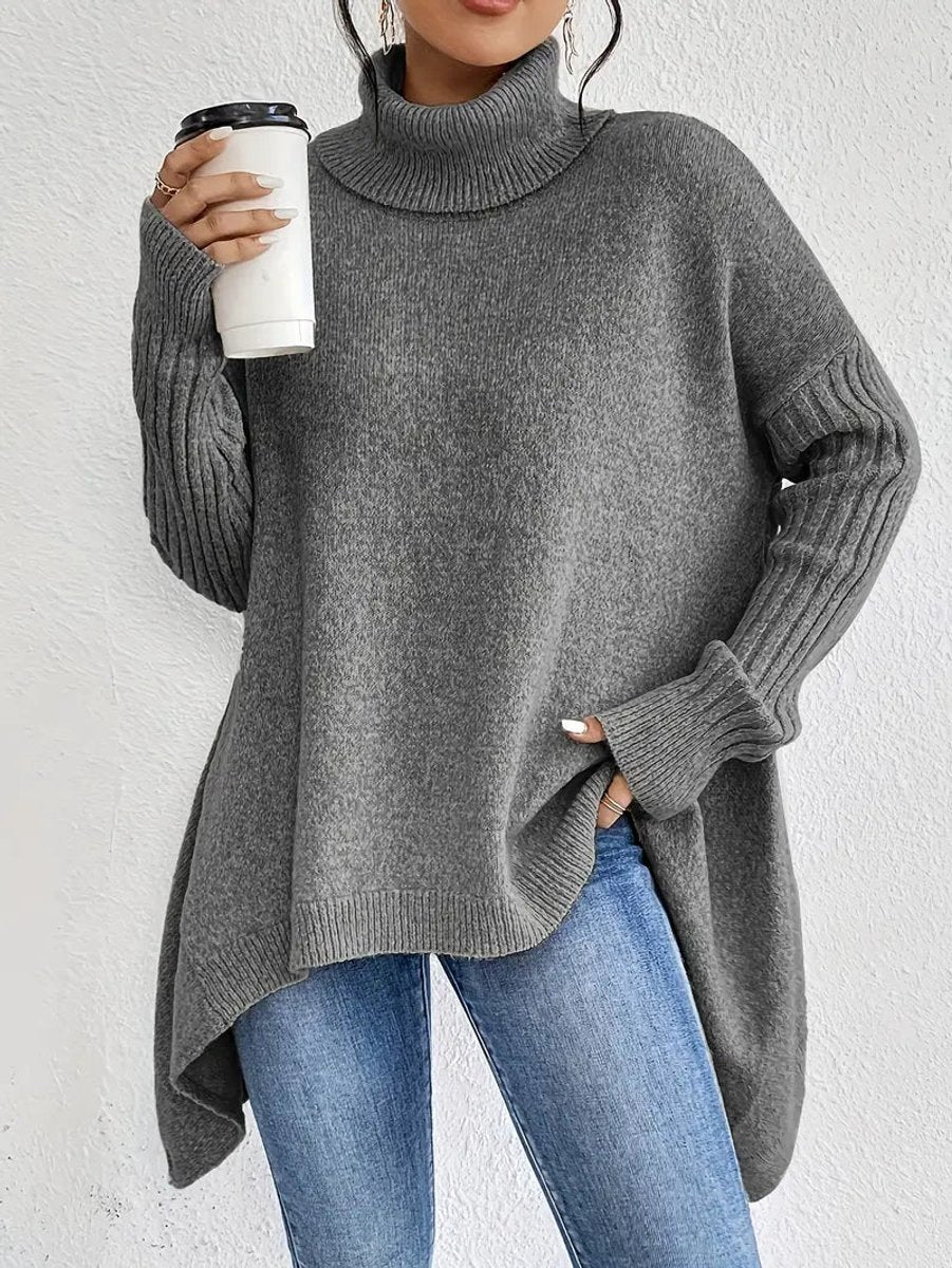 Women's Oversized Ribbed Turtleneck Sweater – Long Knit Design in Ocean Blue, Stone Grey, Espresso Brown, Pine Green, Desert Khaki