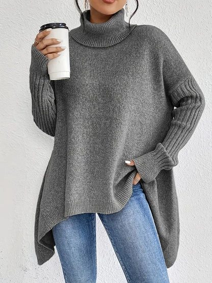 Women's Oversized Ribbed Turtleneck Sweater – Long Knit Design in Ocean Blue, Stone Grey, Espresso Brown, Pine Green, Desert Khaki