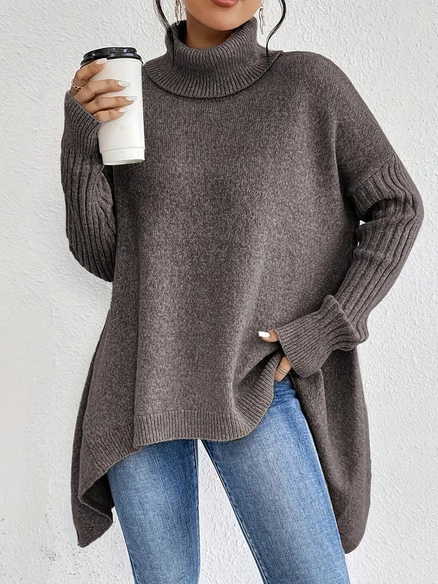 Women's Oversized Ribbed Turtleneck Sweater – Long Knit Design in Ocean Blue, Stone Grey, Espresso Brown, Pine Green, Desert Khaki