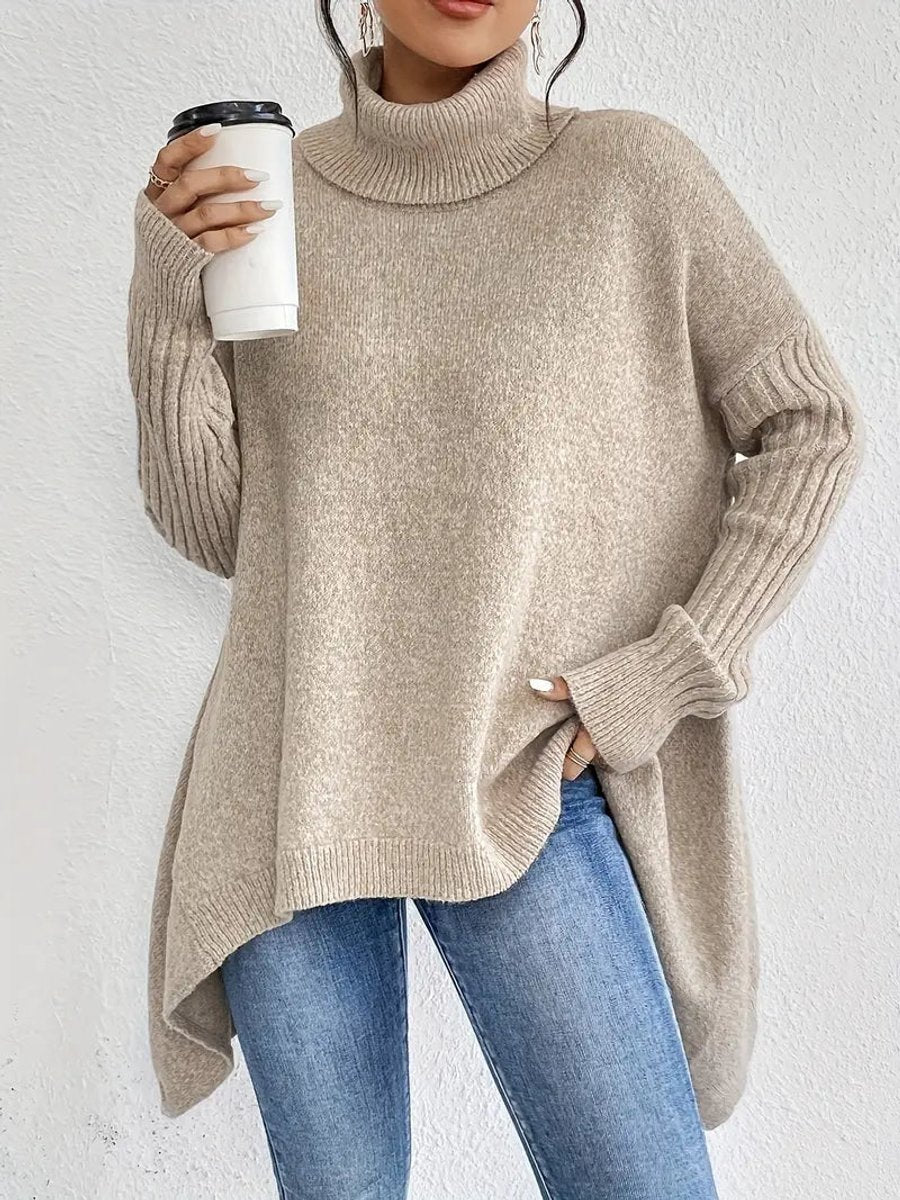 Women's Oversized Ribbed Turtleneck Sweater – Long Knit Design in Ocean Blue, Stone Grey, Espresso Brown, Pine Green, Desert Khaki