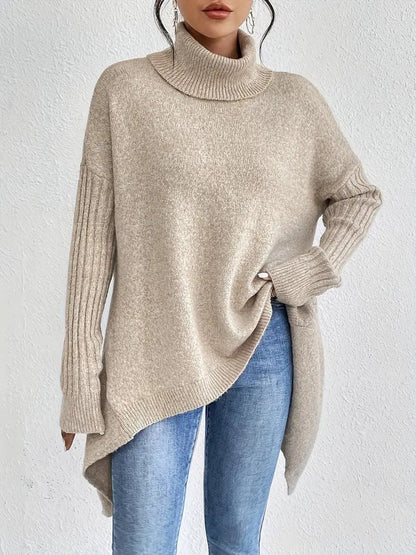 Women's Oversized Ribbed Turtleneck Sweater – Long Knit Design in Ocean Blue, Stone Grey, Espresso Brown, Pine Green, Desert Khaki
