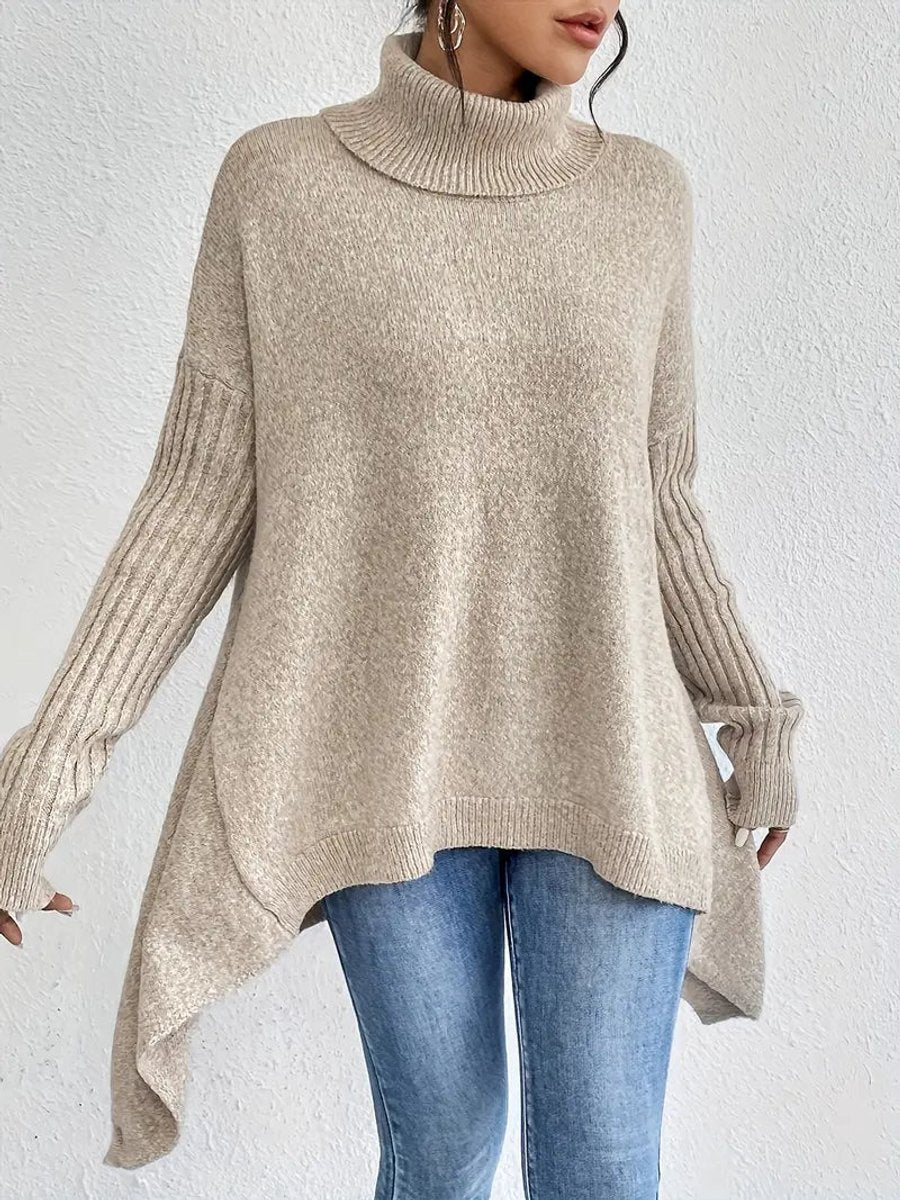Women's Oversized Ribbed Turtleneck Sweater – Long Knit Design in Ocean Blue, Stone Grey, Espresso Brown, Pine Green, Desert Khaki