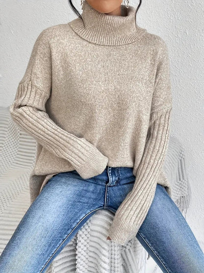 Women's Oversized Ribbed Turtleneck Sweater – Long Knit Design in Ocean Blue, Stone Grey, Espresso Brown, Pine Green, Desert Khaki