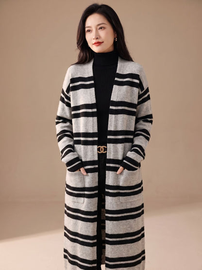 Women's Oversized Striped Long Open-Front Cardigan Sweater