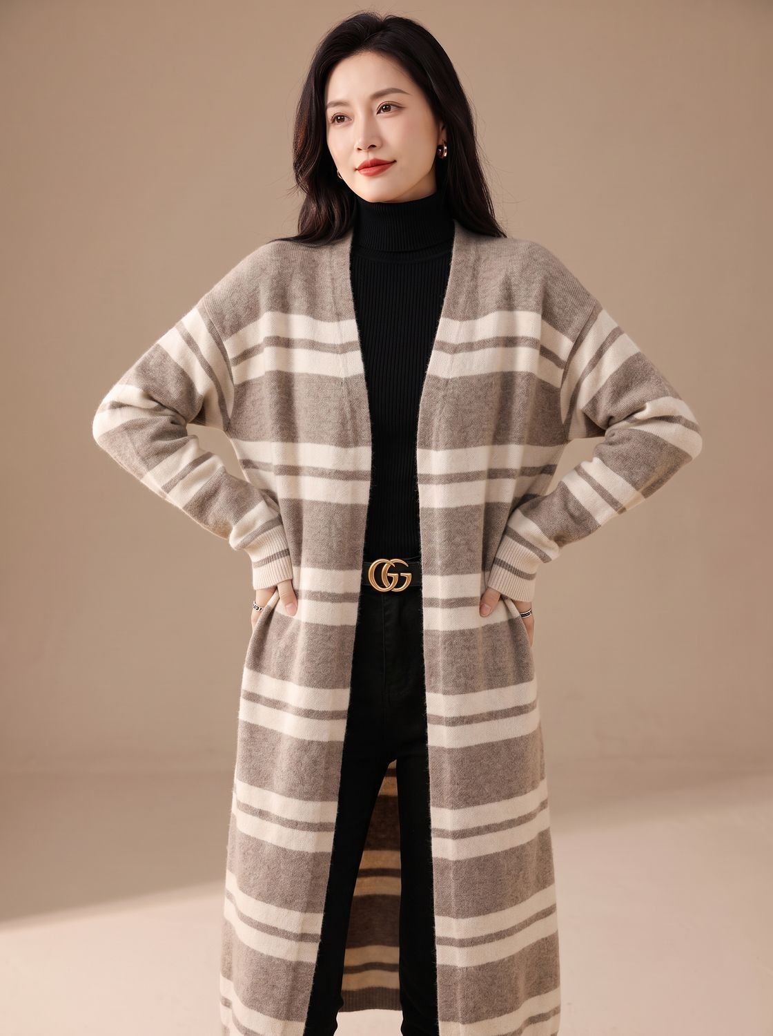 Women's Oversized Striped Long Open-Front Cardigan Sweater
