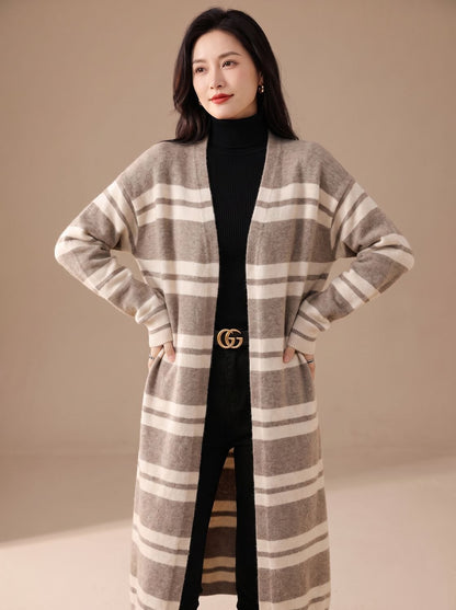 Women's Oversized Striped Long Open-Front Cardigan Sweater