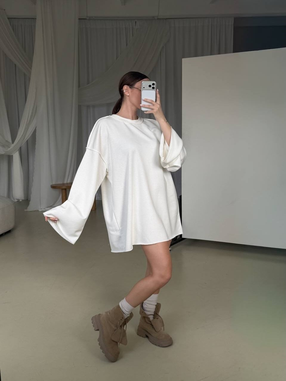 Women's Oversized Sweater Dress with Wide Trumpet Sleeves