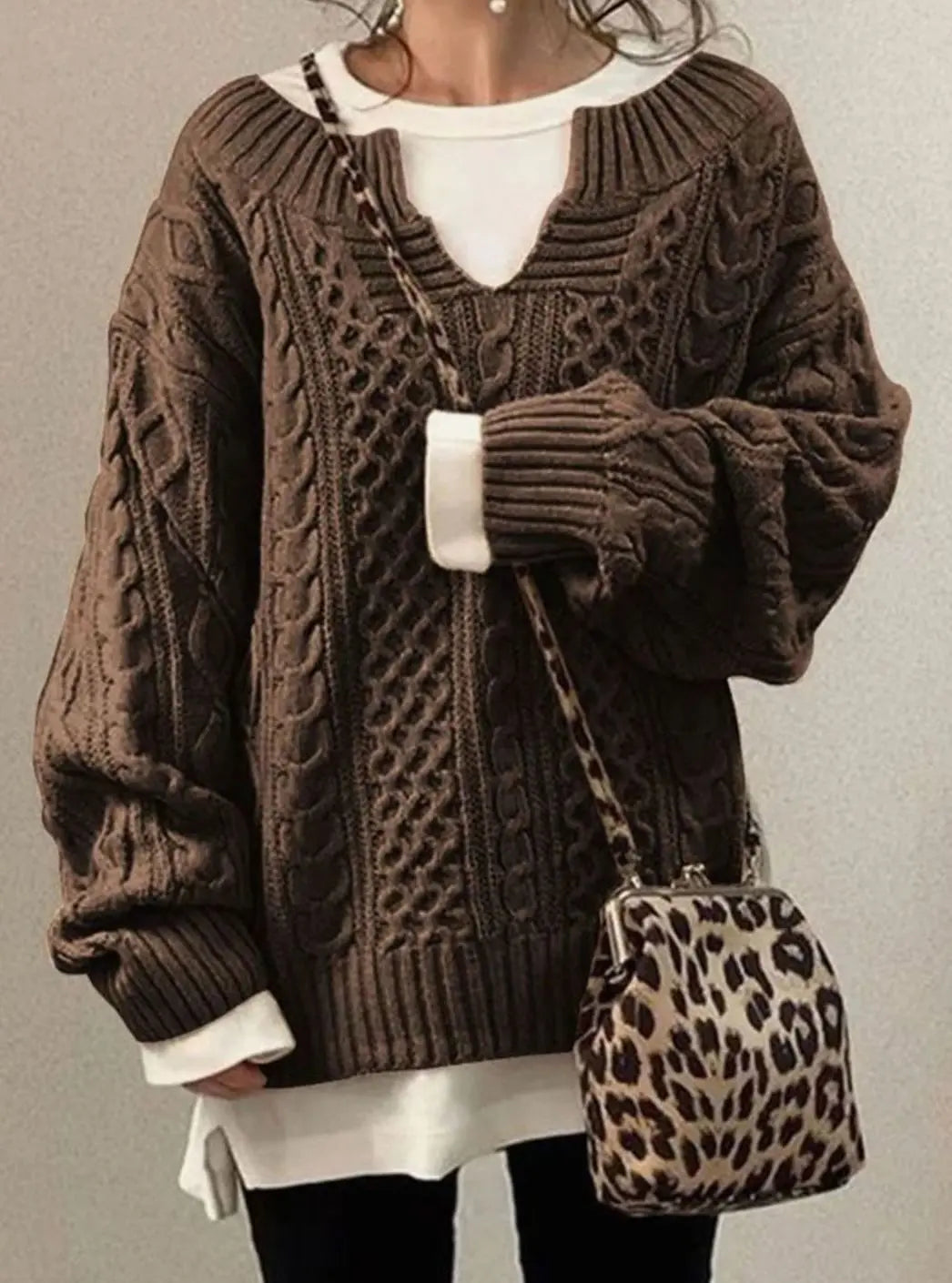 Women's Oversized V-Neck Layered Cable Knit Sweater