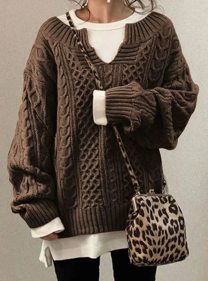 Women's Oversized V-Neck Layered Cable Knit Sweater