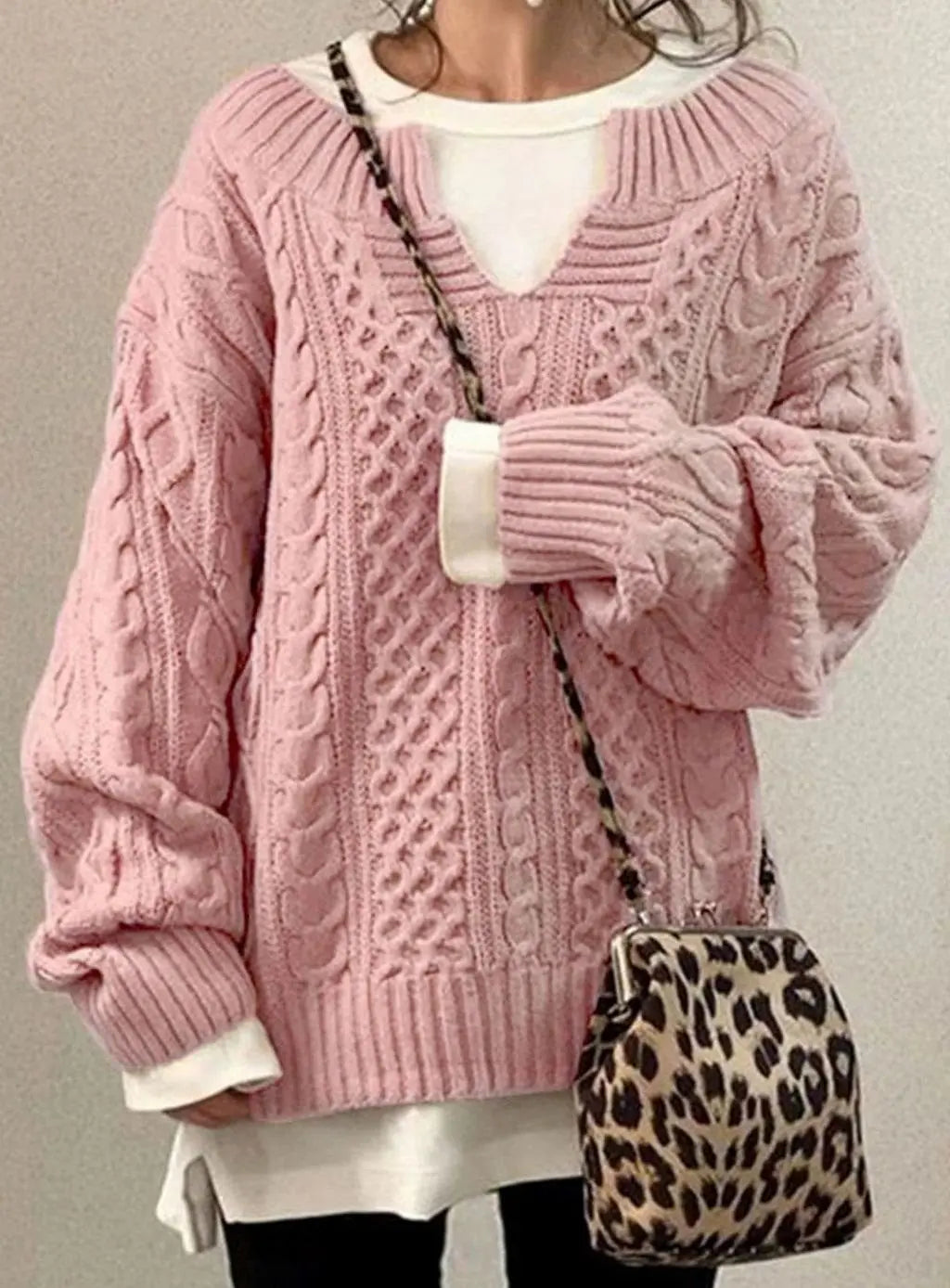 Women's Oversized V-Neck Layered Cable Knit Sweater