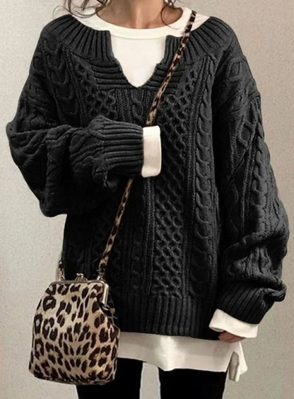 Women's Oversized V-Neck Layered Cable Knit Sweater