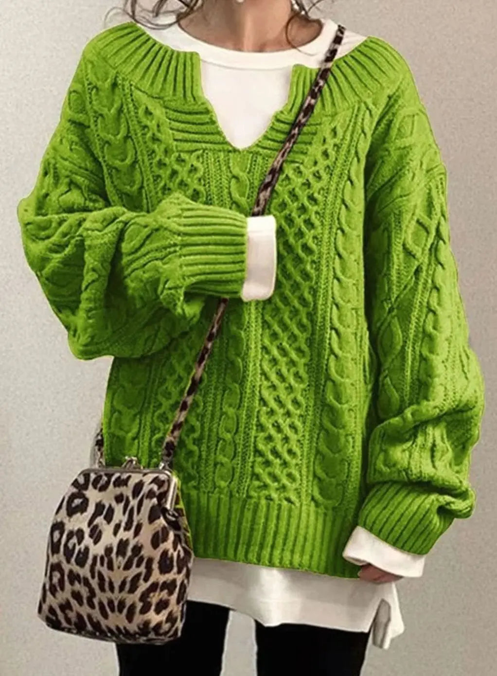 Women's Oversized V-Neck Layered Cable Knit Sweater