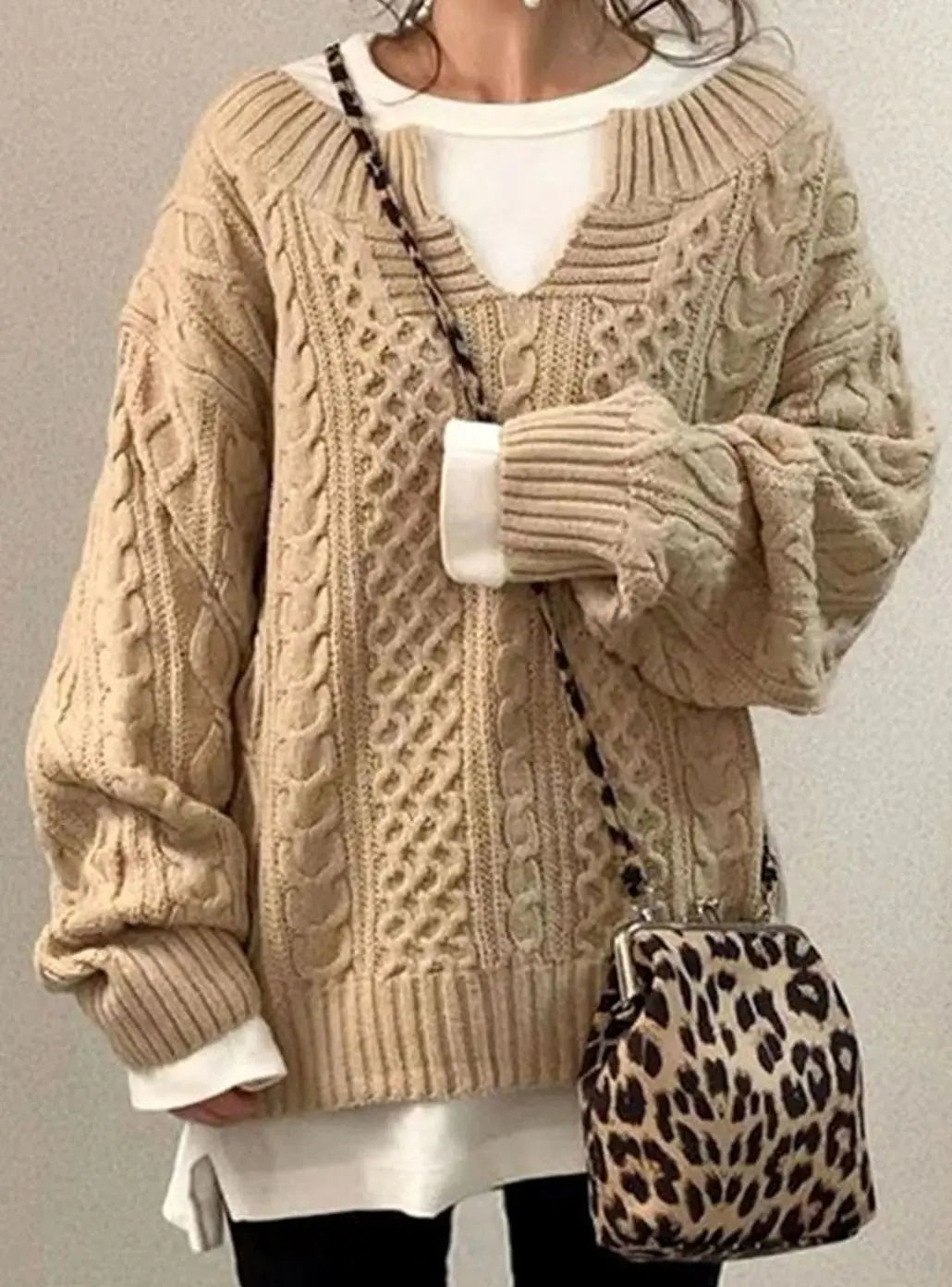 Women's Oversized V-Neck Layered Cable Knit Sweater