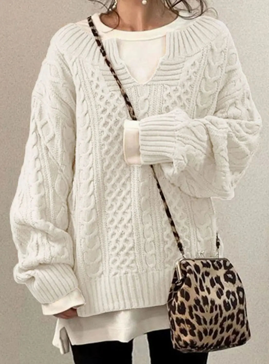 Women's Oversized V-Neck Layered Cable Knit Sweater