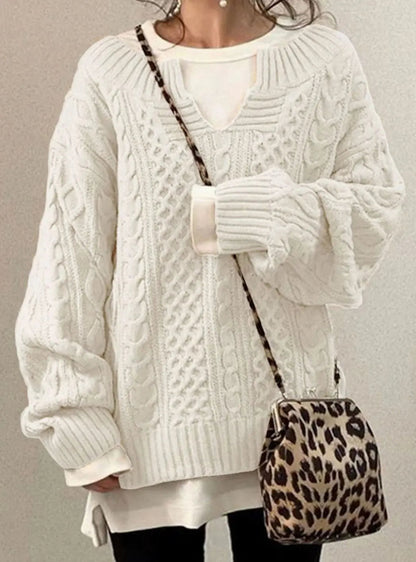 Women's Oversized V-Neck Layered Cable Knit Sweater