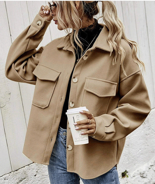 Women's Oversized Wool-Blend Winter Jacket with Button Front and Chest Flap Pockets