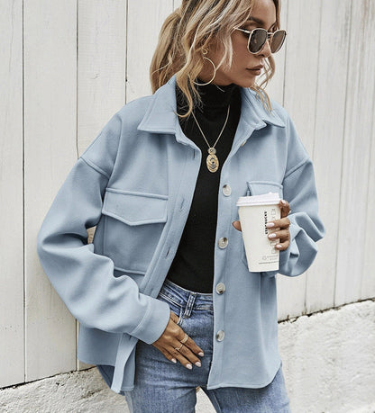Women's Oversized Wool-Blend Winter Jacket with Button Front and Chest Flap Pockets