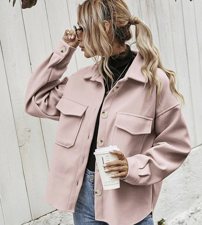 Women's Oversized Wool-Blend Winter Jacket with Button Front and Chest Flap Pockets