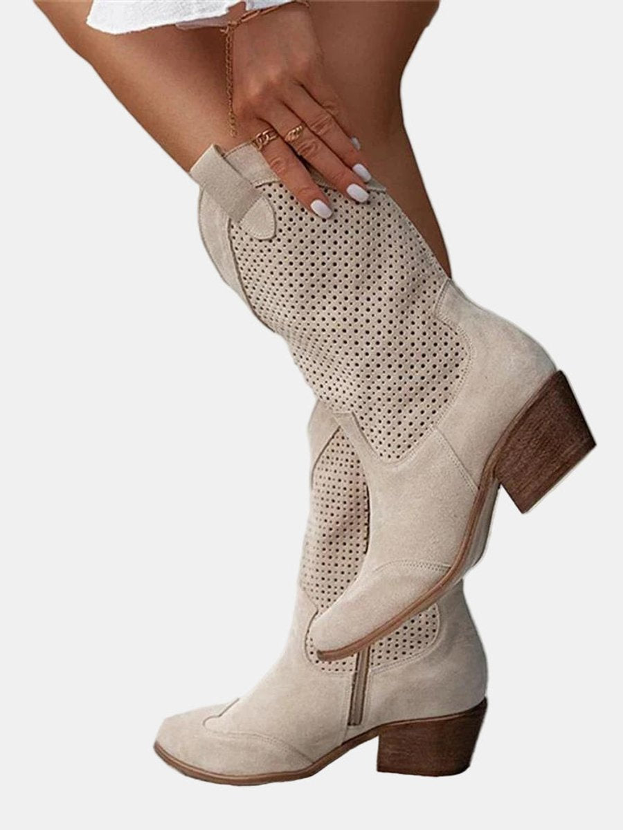 Women's Perforated Suede Block Heel Mid-Calf Boots