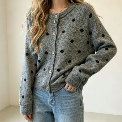 Women's Polka Dot Mohair-Style Round Neck Button Cardigan