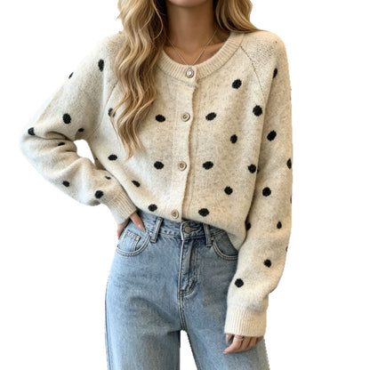 Women's Polka Dot Mohair-Style Round Neck Button Cardigan