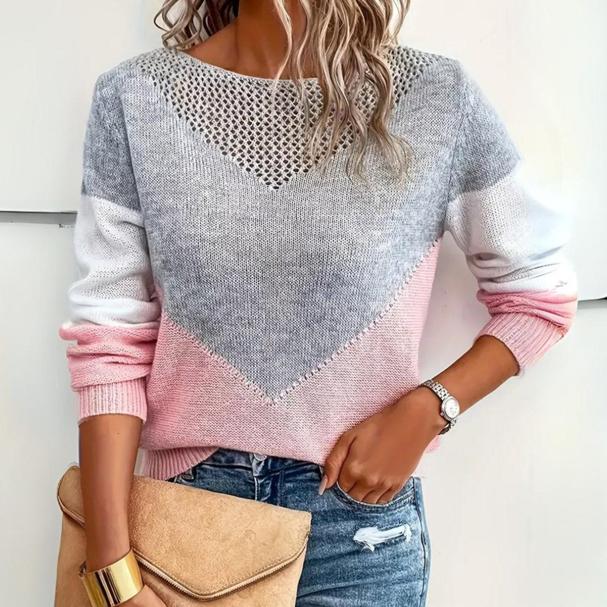 Women's Relaxed-Fit Color-Block Knit Pullover with Mesh Detail