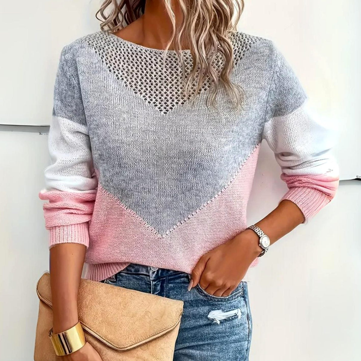 Women's Relaxed-Fit Color-Block Knit Pullover with Mesh Detail